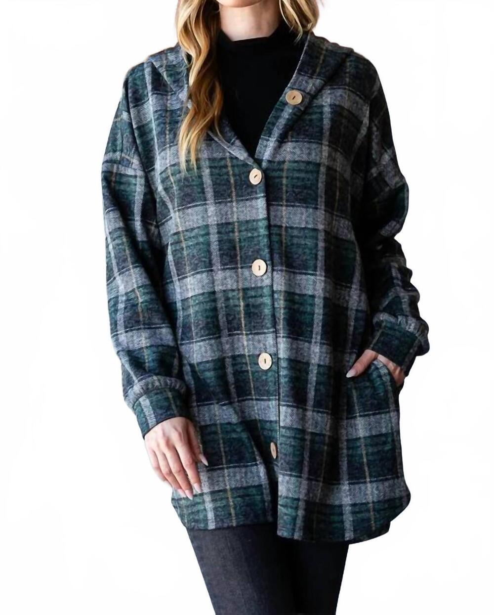 NEW HEIMISH USA women's long puff sleeve plaid print cardigan in green